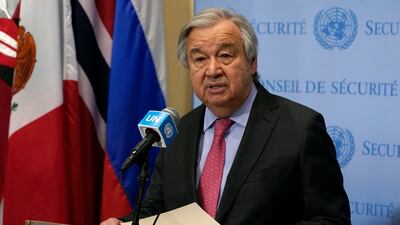 Secretary General Antonio Guterres outside the Security Council at UN headquarters in New York on March 14. AP