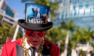 A trump supporter outside of the Wilkie D Ferguson United States Courthouse in Miami, Florida, on June 13. EPA
