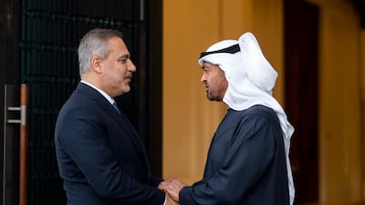 President Sheikh Mohamed received Hakan Fidan, Turkey's Foreign Minister, in Abu Dhabi on Monday. Photo: Abdulla Al Bedwawi / UAE Presidential Court