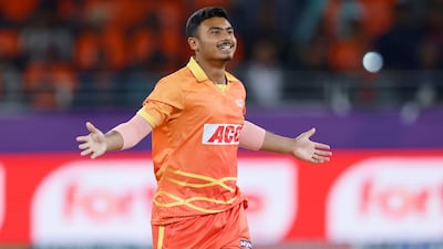Aayan Khan of Gulf Giants celebrates the wicket of Sunil Narine of Abu Dhabi Knight Riders during the match 12 of the DP World International League T20. Creimas/ILT20.