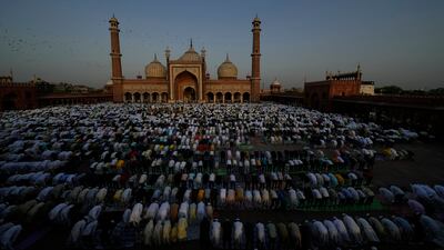Eid Al Adha prayers at the Jama Masjid, in India's capital New Delhi. AP