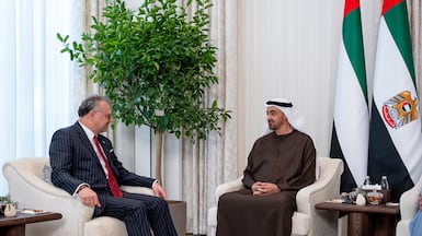 President Sheikh Mohamed meets Massad Boulos at Qasr Al Shati. UAE Presidential Court