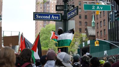 A protester stands near a traffic light at pro-Palestine rally in New York City on May 11, 2021. Joshua Longmore / The National