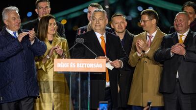 Prime Minister Viktor Orban celebrates victory in Hungary's general election on Sunday. Getty