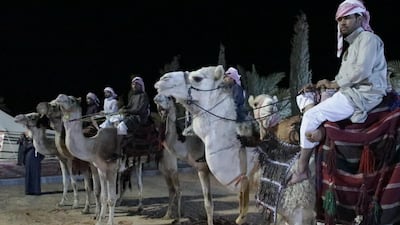 Members of the Al Faqeer tribe await their visitors on camels. Suhail Rather / The National