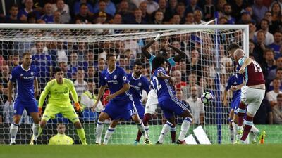 West Ham United’s James Collins scores their first goal during the Premier League football match between Chelsea and West Ham United at Stamford Bridge in London on August 15, 2016. Eddie Keogh / Reuters