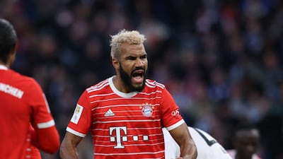 Bayern Munich's Cameroonian forward Eric Maxim Choupo-Moting celebrates scoring his team's second goal (0-2) during the German first division Bundesliga football match between Hertha Berlin and FC Bayern Munich in Berlin on November 5, 2022. (Photo by Ronny HARTMANN / AFP) / DFL REGULATIONS PROHIBIT ANY USE OF PHOTOGRAPHS AS IMAGE SEQUENCES AND / OR QUASI-VIDEO