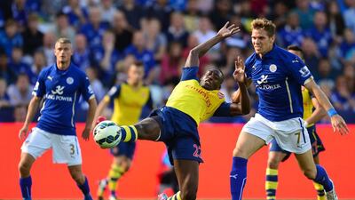 Arsenal's Yaya Sanogo lunges at the ball during his side's draw against Leicester City on Sunday in the Premier League. Carl Court / AFP