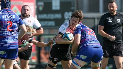 Ben Sapwell-West of Abu Dhabi Harlequins in action against Jebel Ali Dragons. Victor Besa / The National