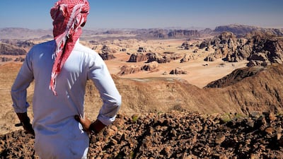 A view of the mountainous region north of Al Ula. The group will trek through the terrain as they explore the canyons and rock formations surrounding the ancient city. Alamy