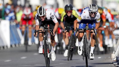 Julian Alaphilippe, right, on his way to victory ahead of second placed Swiss rider Marc Hirschi of Team Sunweb. EPA