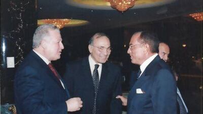 An undated photo of Hussein Salem, right, meeting with Hosni Mubarak's personal secretary, Gamal Abdel Aziz, left, and Ahmed Shafiq, centre, former minister of civil aviation and Mubarak's last prime minister.