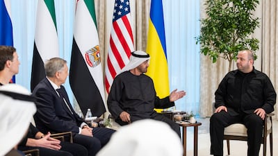 President Sheikh Mohamed receives the heads of delegations taking part in the UAE-hosted trilateral talks between Russia, Ukraine and the US at Al Shati Palace. Delegates include Jared Kushner, left, Igor Kostyukov, Chief of the Main Directorate of the General Staff of the Russian Armed Forces, second left, and Rustem Umerov, Secretary of the National Security and Defence Council of Ukraine, right. All images: UAE Presidential Court