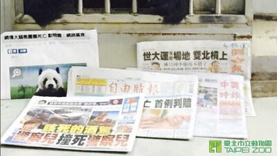 A photo by the Taipei Zoo on May 18, shows 11-year-old panda Tuan Taun seen sitting upright in his cage behind the local newspapers of that day at the Taipei Zoo, in a bid to dispel rumours of the panda’s death. Taipei Zoo via AP