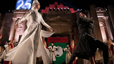 Circassian dancers from Al-Jeel Al-Jadeed Club (the New Generation Club) perform during the 2019 Jerash Festival of Culture and Arts at the Jerash archeological site, Jerash, some 46 km North of Amman, Jordan. EPA