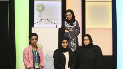 From left, Mohammed Al Hulayyel, Meera Bin Ghlaita, Fatima Al Maazmi and Hessa Al Shehhi have made films that are being screened at the Sharjah children’s film festival. Sarah Dea / The National