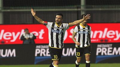 Udinese's Antonio Di Natale celebrates after scoring one of his two goals on Monday night in a win over Parma in Serie A. Lancia / EPA / September 29, 2014