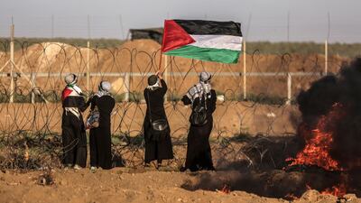 Palestinian female protesters take part in protests near the border with Israel in the east of Gaza City, 10 August 2018. EPA