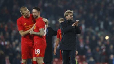 Liverpool manager Jurgen Klopp applauds fans after the game. Phil Noble / Reuters