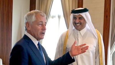 The emir of Qatar, Sheikh Tamim bin Hamad Al Thani, received the US secretary of defence, Chuck Hagel, during his visit to Doha last week. Mark Wilson / AP Photo