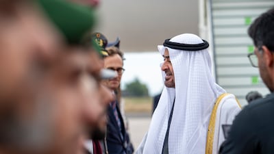 Sheikh Mohamed is greeted at Brandenburg Airport