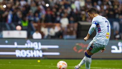 Cristiano Ronaldo scores from the penalty spot for the Riyadh All-Stars. Photo: General Entertainment Authority
