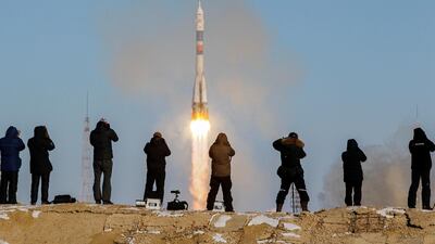 The Soyuz MS-07 spacecraft carrying the crew blasts off to the International Space Station (ISS) from the launchpad at the Baikonur Cosmodrome, Kazakhstan. Shamil Zhumatov / Reuters