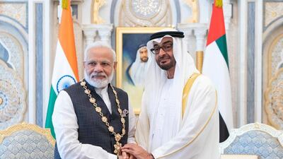 Sheikh Mohamed bin Zayed, Crown Prince of Abu Dhabi and Deputy Supreme Commander of the Armed Forces with Narendra Modi, Prime Minister of India, during a reception at Qasr Al Watan in Abu Dhabi last year. Courtsey: Ministry of Presidential Affairs