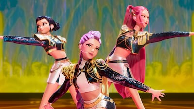 Flashy Huntr/X members Rumi, Mira and Zoey are best known for their viral song Golden. Photo: Netflix