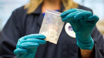Fentanyl seized in a drug raid is displayed at the Drug Enforcement Administration Special Testing and Research Laboratory in Sterling, Virginia. AP
