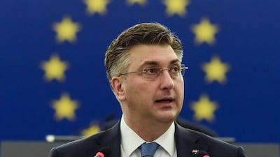 Croatia's prime minister Andrej Plenkovic delivers his speech at the European Parliament in Strasbourg, France. Patrick Seeger / EPA