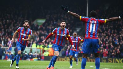 Joel Ward, centre, of Crystal Palace reacts after scoring his team’s third goal in their 3-1 victory against Queens Park Rangers on Saturday in the Premier League at Selhurst Park. Matthew Lewis / Getty Images