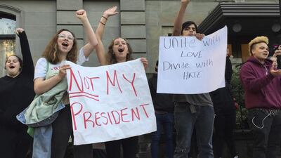 Several dozen students from various high schools in the Portland, Oregon metropolitan area gather downtown to protest Republican nominee Donald Trump's victory in Tuesday's presidential election. The protests were peaceful and students said that they felt compelled to demonstrate against Trump because they were not old enough to vote. Gillian Flaccus / AP Photo