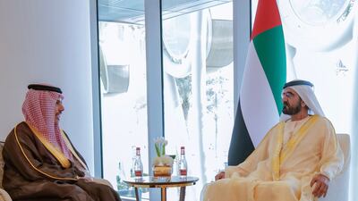 Sheikh Mohammed bin Rashid, Vice President and Ruler of Dubai, met Saudi Foreign Minister Prince Faisal bin Farhan at Expo 2020 Dubai on Monday. All photos: Dubai Media Office