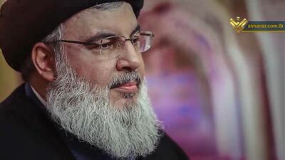 A TV grab made available by Hezbollah's al-Manar TV shows Hezbollah leader Sayyed Hassan Nasrallah giving a speech during an interview with Al-Nour Radio and Al-Manar TV on the 20th anniversary of Israel's withdrawal from Lebanon. EPA