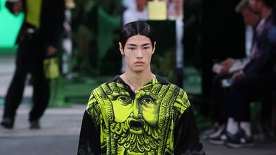 The Versace spring/summer 2023 collection features an archive drawing of a man from Pompeii. Getty Images