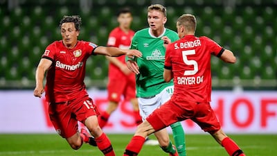 Bayer Leverkusen's Julian Baumgartlinger and Sven Bender in action with Werder Bremen's Nick Woltemade, as play resumes behind closed doors following the outbreak of the coronavirus disease (COVID-19. REUTERS