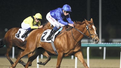 Magic Lily ridden by William Buick wins the Balanchine during Dubai World Cup Carnival Week 7 at Meydan. Chris Whiteoak / The National