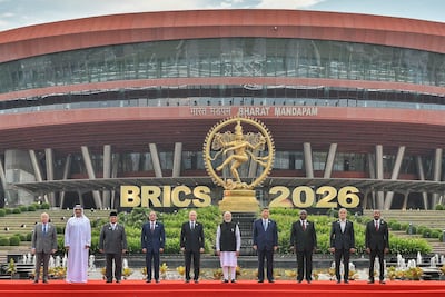 Sheikh Khaled bin Mohamed, Crown Prince of Abu Dhabi, with, from left, Brazil's Minister of Foreign Affairs Mauro Vieira, Indonesia's President Prabowo Subianto, Egypt's President Abdel Fattah El Sisi, Russia's President Vladimir Putin, India's Prime Minister Narendra Modi, China's President Xi Jinping, South Africa's President Cyril Ramaphosa, Iran's President Masoud Pezeshkian, and Ethiopia's Prime Minister Abiy Ahmed during the Brics summit in New Delhi. EPA