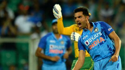 India's Deepak Chahar after taking the wicket of South Africa captain Temba Bavuma. AFP