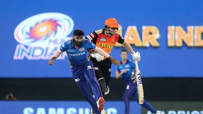 Jasprit Bumrah of Mumbai Indians and Jonny Bairstow of Sunrisers Hyderabad collide. Sportzpics for IPL