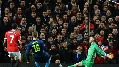 Arsenal's Nacho Monreal scores the opener against Manchester United on Monday night in his side's eventual 2-1 FA Cup victory. Nigel Roddis / EPA
