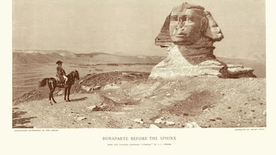 Vintage engraving of Napoleon Bonaparte before the Sphinx, based on the painting by J L Gerome. Getty Images