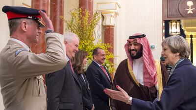 Crown Prince Mohammed bin Salman will meet the British prime minister Theresa May on his three-day trip to London. AFP/SAUDI ROYAL PALACE/BANDAR AL-JALOUD