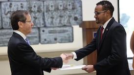 Somaliland ambassador Mohamed Hagi, right, presents his diplomatic credentials to Israeli President Isaac Herzog, in Jerusalem. EPA