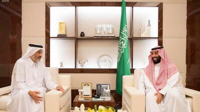 Saudi crown prince Mohammed bin Salman meets Qatar's Sheikh Abdullah bin Ali Al Thani at the Peace Palace in Jeddah, Saudi Arabia on August 17, 2017. Saudi Press Agency via AP