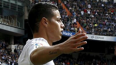 Real Madrid’s James Rodriguez celebrates a goal against Eibar. REUTERS/Andrea Comas