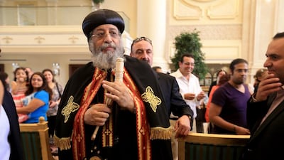 Coptic Pope Tawadros II blesses guests at Ritz Carlton hotel in Abu Dhabi. He also met the Rulers of Abu Dhabi, Dubai, Sharjah, Ajman, Ras Al Khaimah and Umm Al Quwain. Ravindranath K / The National