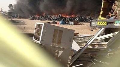 A pile of used tyres at a private fire in Madinat Zayed caught fire at the weekend, releasing dangerous emissions into the air. Photo courtesy Abdul Khan