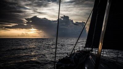 A view of the sun setting over the Atlantic from the Team Vestas Wind boat during Day 10 of the first leg of the 2014/15 Volvo Ocean Race. Brian Carlin / Team Vestas Wind / Volvo Ocean Race / October 21, 2014